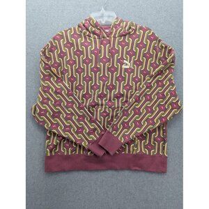 Puma Hoodie Sweatshirt Mens Large Burgundy Retro Allover Print Pullover Cat Logo